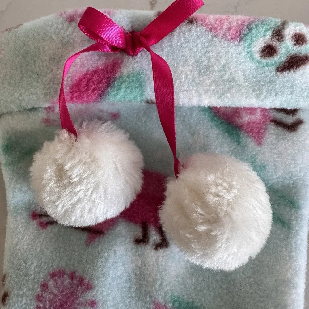 American Girl Owl Fleece Slipper‎ Socks Girls Size 8/9 Blue Pink Pom Pom Cozy